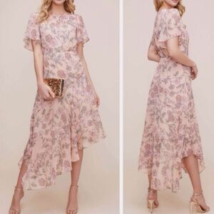 ASTR Floral Tea Party Asymmetric Midi Dress in Peach size L